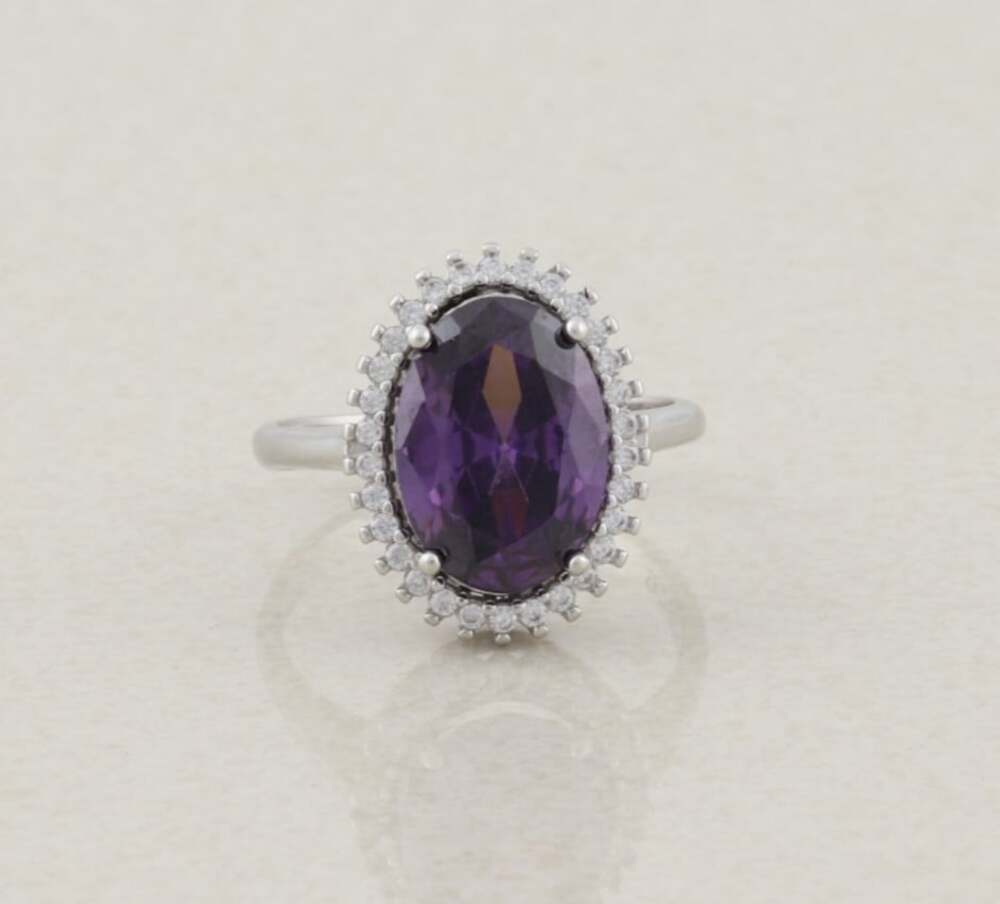 Sterling Silver Purple & White CZ Cubic Zirconia Halo Ring Size 9 1/4